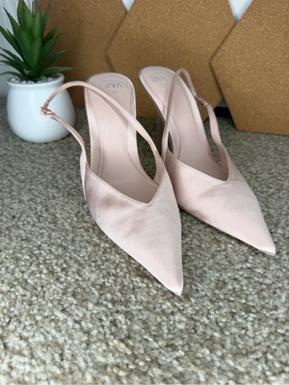 Zara Blush Satin Pointed Slingback Heels